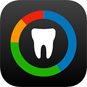 En appsymbol som visar en vit tand mot en svart bakgrund. Runt tanden finns en ring med färgerna blått,grönt, gult och rött.