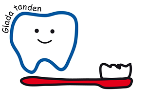 En tecknad tand som hoppar på en röd tandborste. Text Glada tanden